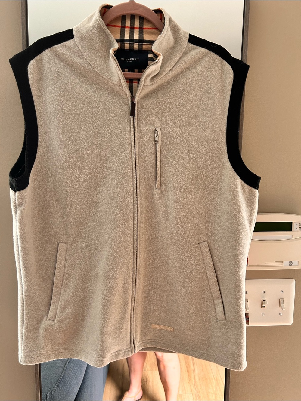 Burberry Golf Men’s Large Full Zip Fleece Vest Gilet Nova Check Lined Cream Blac